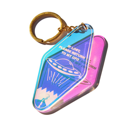 ufo keychain, ufo gift, alien gift, retro keychain, holographic keychain