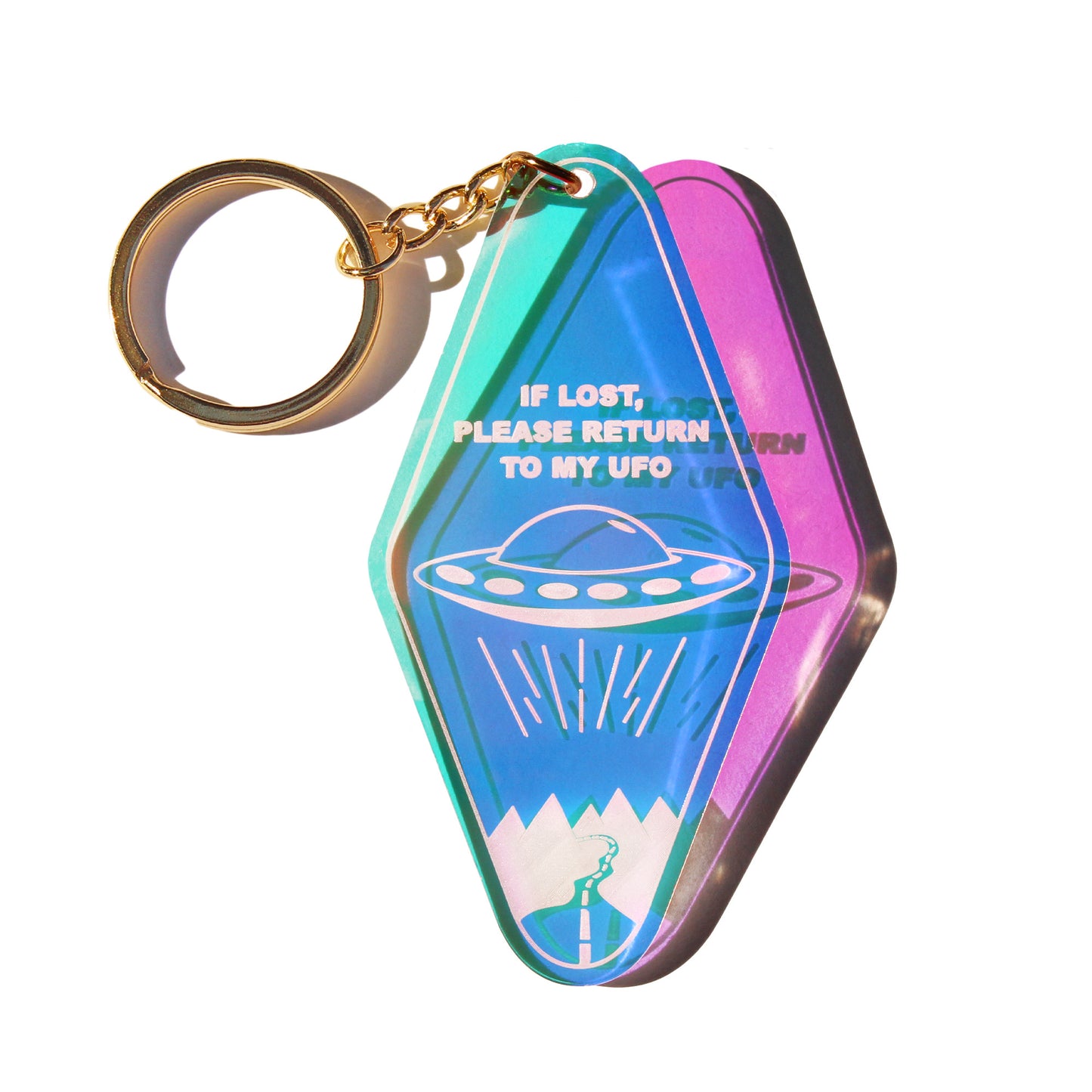 ufo iridescent keychain, retro keychain, motel keychain, return to my ufo